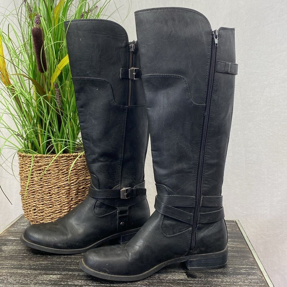 G By Guess Black Zip Up Block Heel Moto Equestrian Strappy Buckle Boots 9